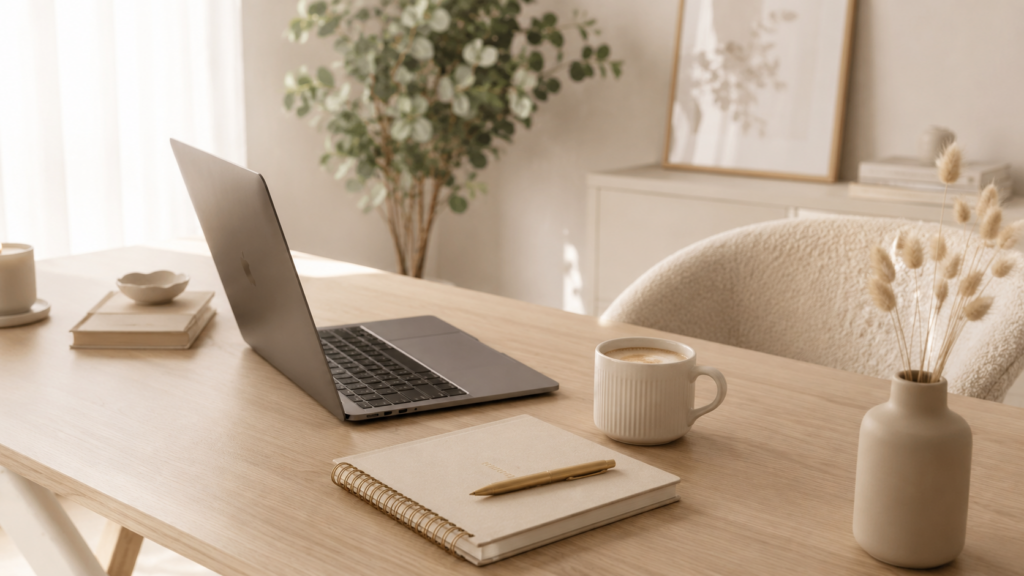 Ein heller, minimalistischer Schreibtisch im Skandi-/Creme-Stil. Ein geöffneter Laptop, eine stylische Tasse Kaffee, ein schickes Notizbuch und im Hintergrund eine sanfte, grüne Pflanze. Kleingewerbe anmelden leicht gemacht