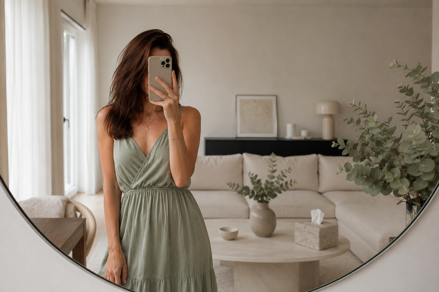 Selfie Mirror Beispielbild, realistisches KI Bild einer Frau vorm Spiegel