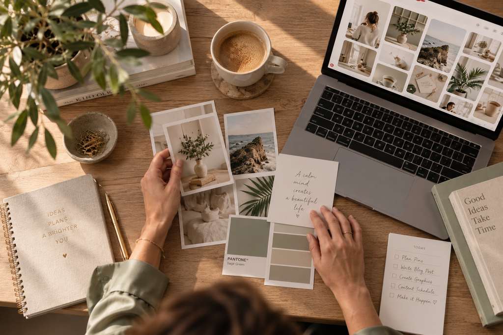 Detailaufnahme von Händen, die kreative Skizzen, Pin-Layouts oder Notizkarten am Tisch ordnen (symbolisiert entspanntes Pinterest Marketing)